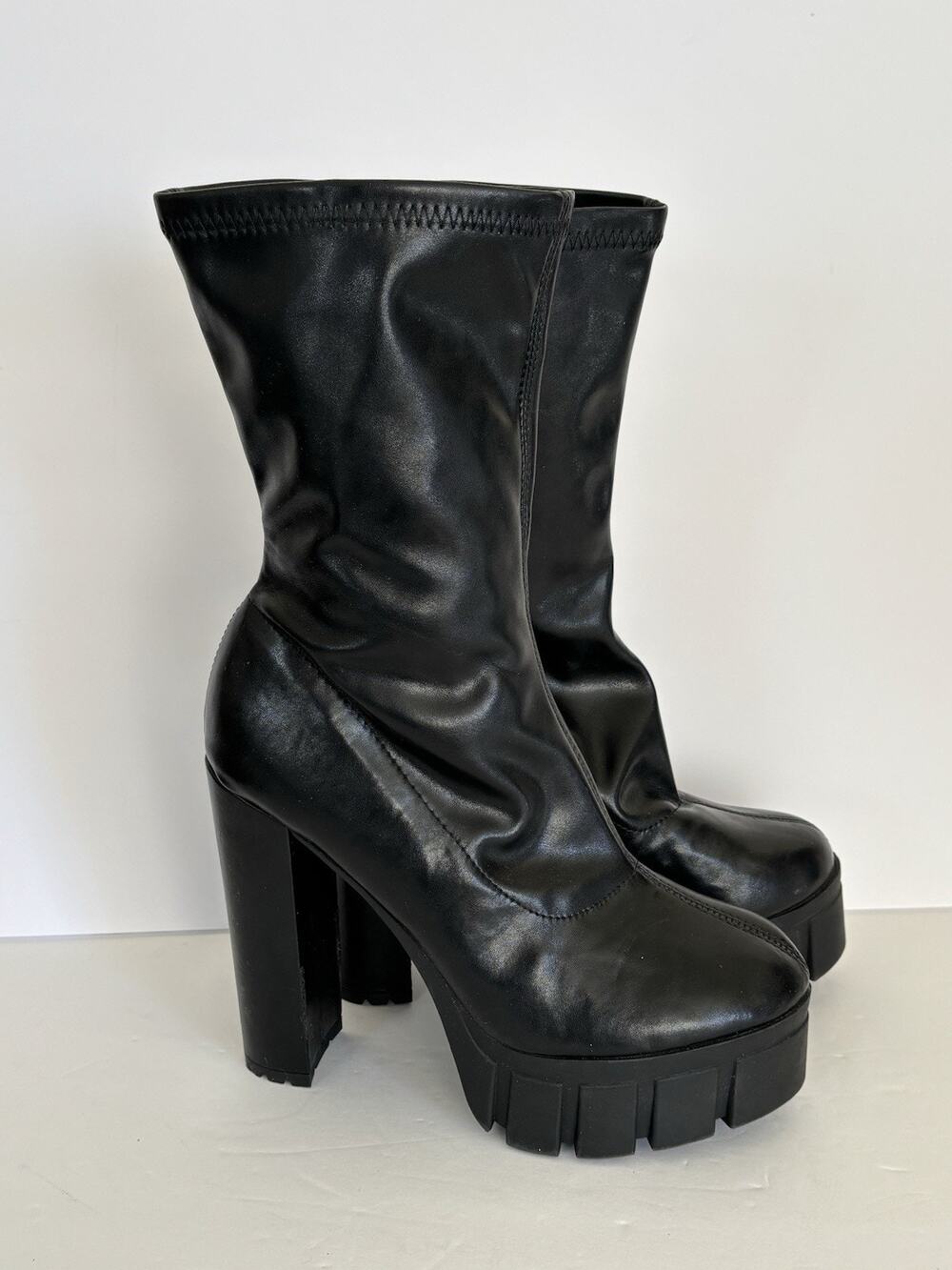 Black Leather Platform Block Heel Ankle Boots Round Toe Women 8.5